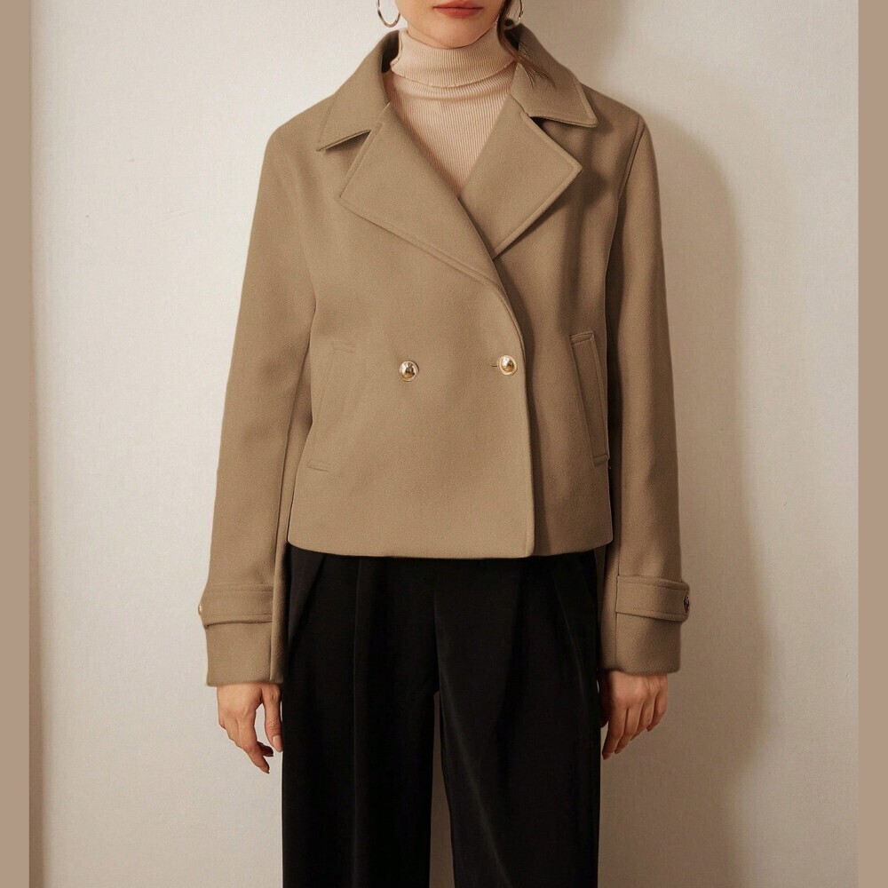 Tan Double Breasted Cropped Peacoat with Gold Button & Notch Lapel